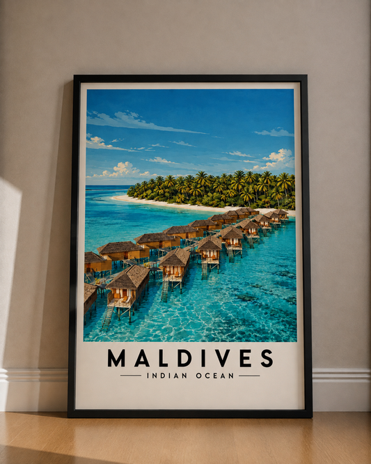 Maldives Fine Art Poster – Tropical Overwater Bungalows Travel Print - Maldives Travel Poster