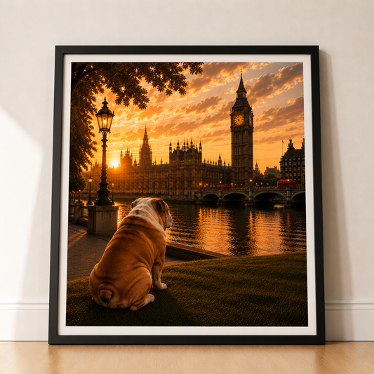 Bulldog In London - Bulldog Print - London Travel print - Sunset in London Fine Art Poster - Bulldog by Big Ben
