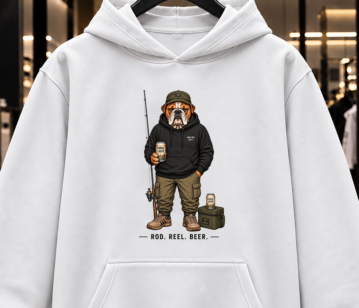 Funny Bulldog Fishing Hoodie | Rod Reel Beer Hoodie | Fishing Dog Hoodie | Angler Gift For Men | Fisherman Beer Hoodie