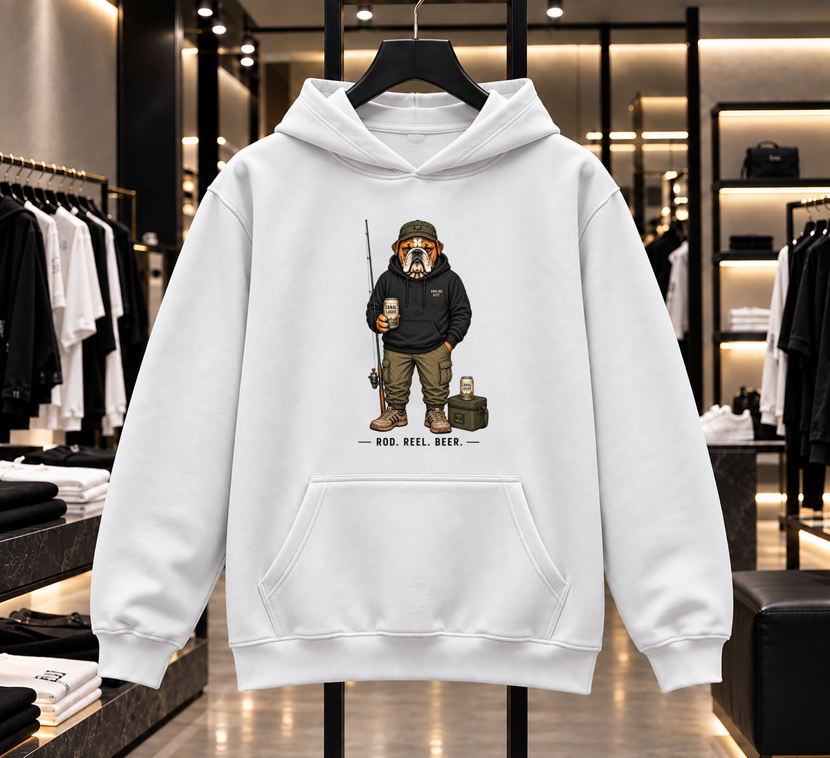 Funny Bulldog Fishing Hoodie | Rod Reel Beer Hoodie | Fishing Dog Hoodie | Angler Gift For Men | Fisherman Beer Hoodie